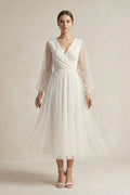 A Line Tulle Long Sleeves Wedding Dress in Ivory
