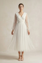 A Line Tulle Long Sleeves Wedding Dress in Ivory