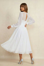 A Line V Neck Chiffon Long Sleeves Wedding Dress in White