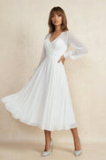 A Line V Neck Chiffon Long Sleeves Wedding Dress in White