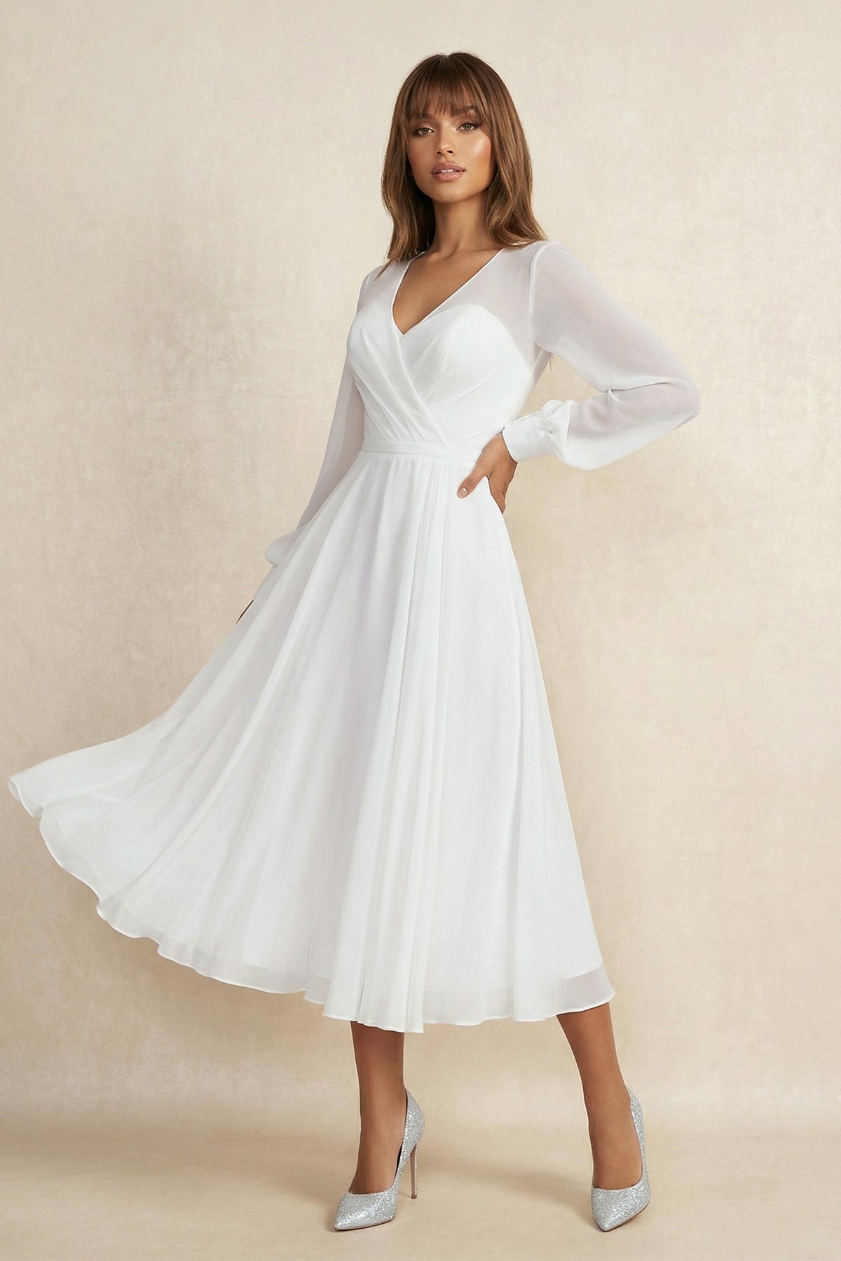 A Line V Neck Chiffon Long Sleeves Wedding Dress in White