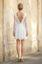 A Line V Neck Long Sleeves Lace Mini Wedding Dress