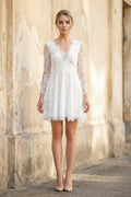 A Line V Neck Long Sleeves Lace Mini Wedding Dress