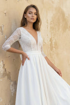 A Line V Neck 3/4 Sleeves Satin Wedding Dress in White