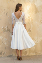 A Line V Neck 3/4 Sleeves Satin Wedding Dress in White