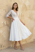A Line V Neck 3/4 Sleeves Satin Wedding Dress in White