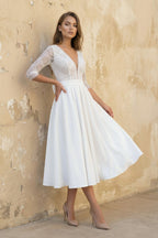 A Line V Neck 3/4 Sleeves Satin Wedding Dress in White