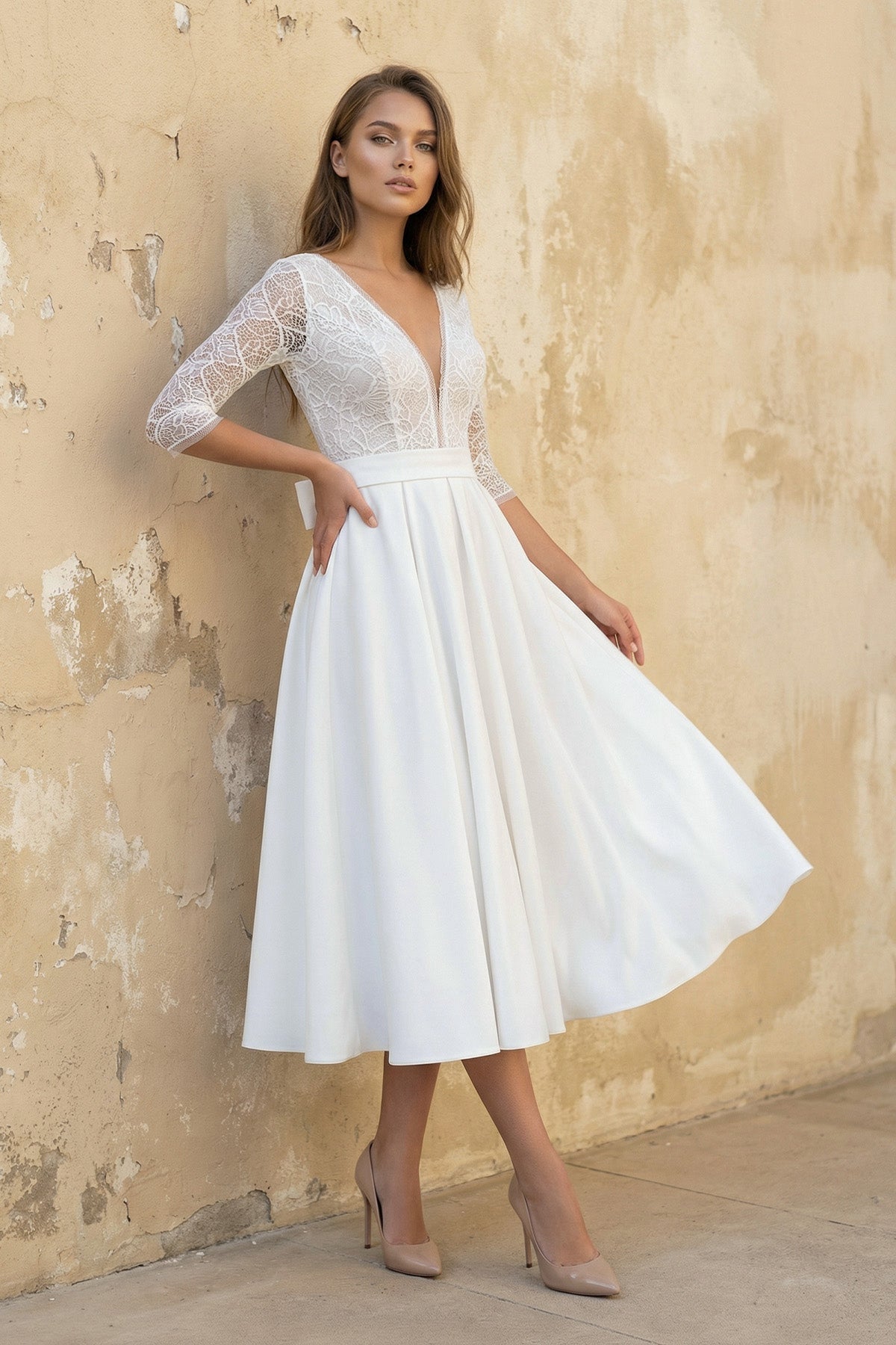 A Line V Neck 3/4 Sleeves Satin Wedding Dress in White