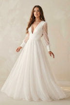 A Line V Neck Long Sleeves Tulle Wedding Dress