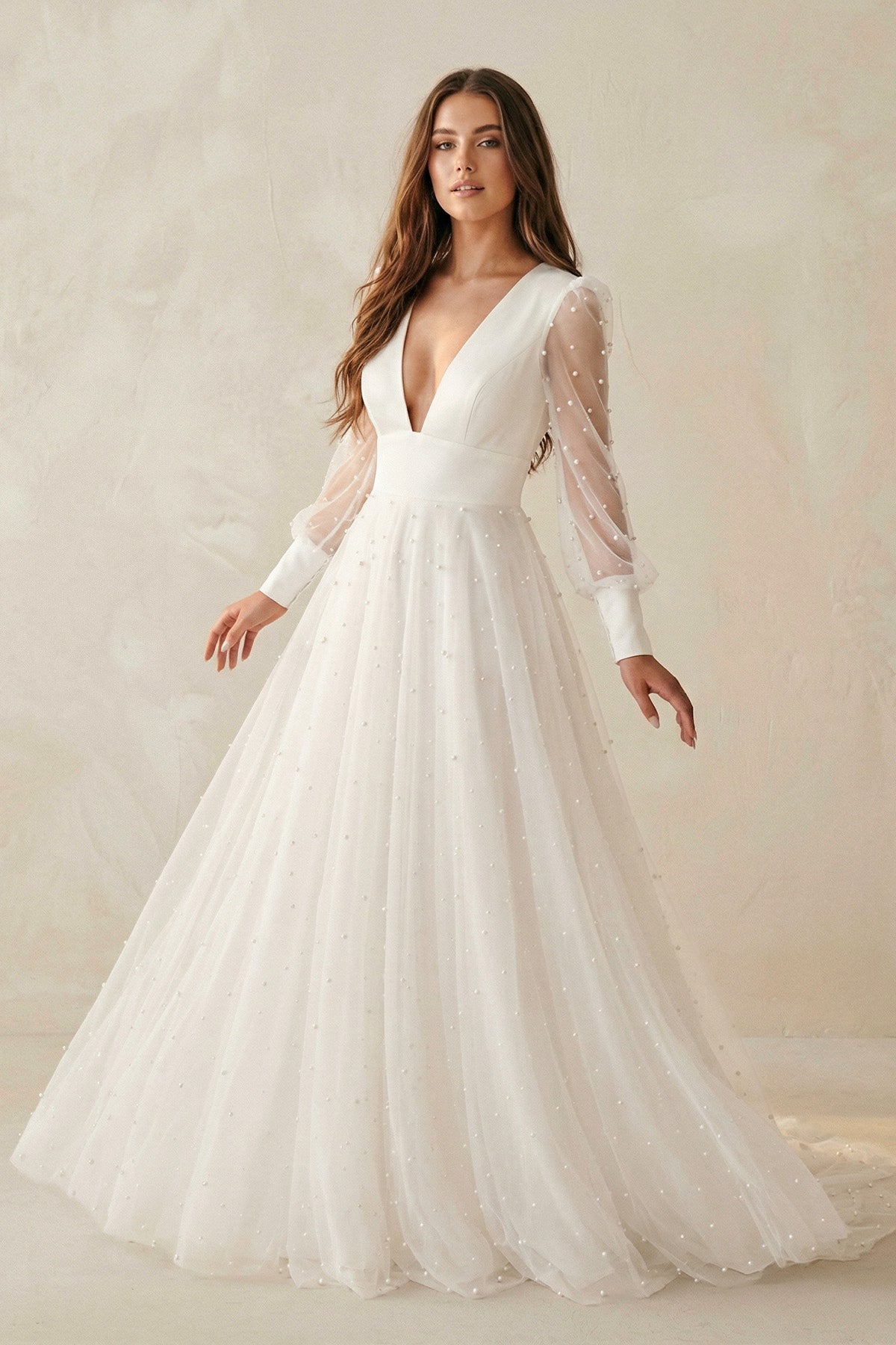 A Line V Neck Long Sleeves Tulle Wedding Dress