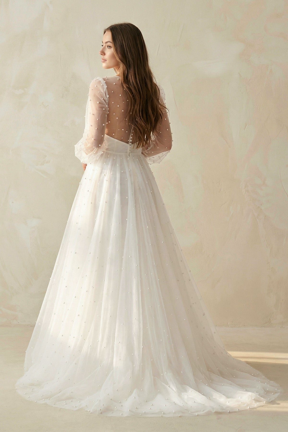 A Line V Neck Long Sleeves Tulle Wedding Dress