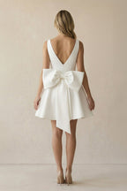 A Line V Neck Satin Wedding Dress With Bow in Ivory