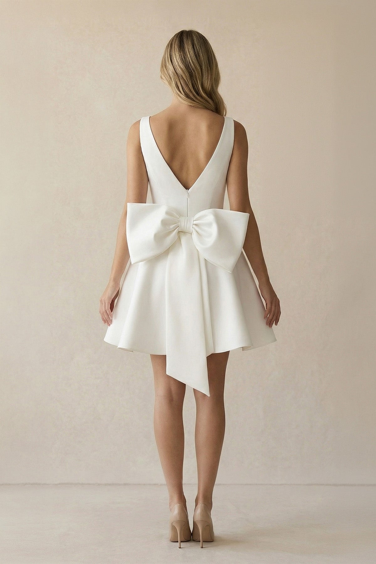 A Line V Neck Satin Wedding Dress With Bow in Ivory