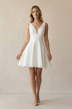A Line V Neck Satin Wedding Dress With Bow in Ivory