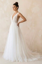 A Line V-Neck Tulle Wedding Dress in White