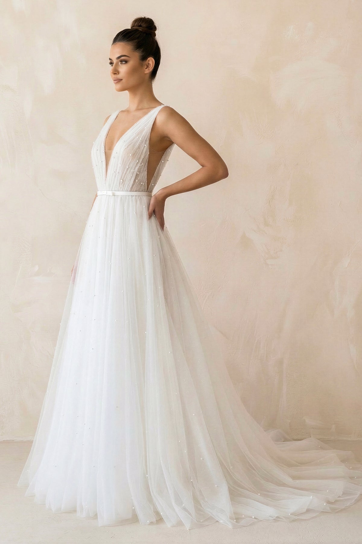A Line V-Neck Tulle Wedding Dress in White