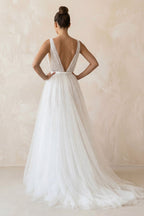 A Line V-Neck Tulle Wedding Dress in White