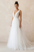 A Line V-Neck Tulle Wedding Dress in White
