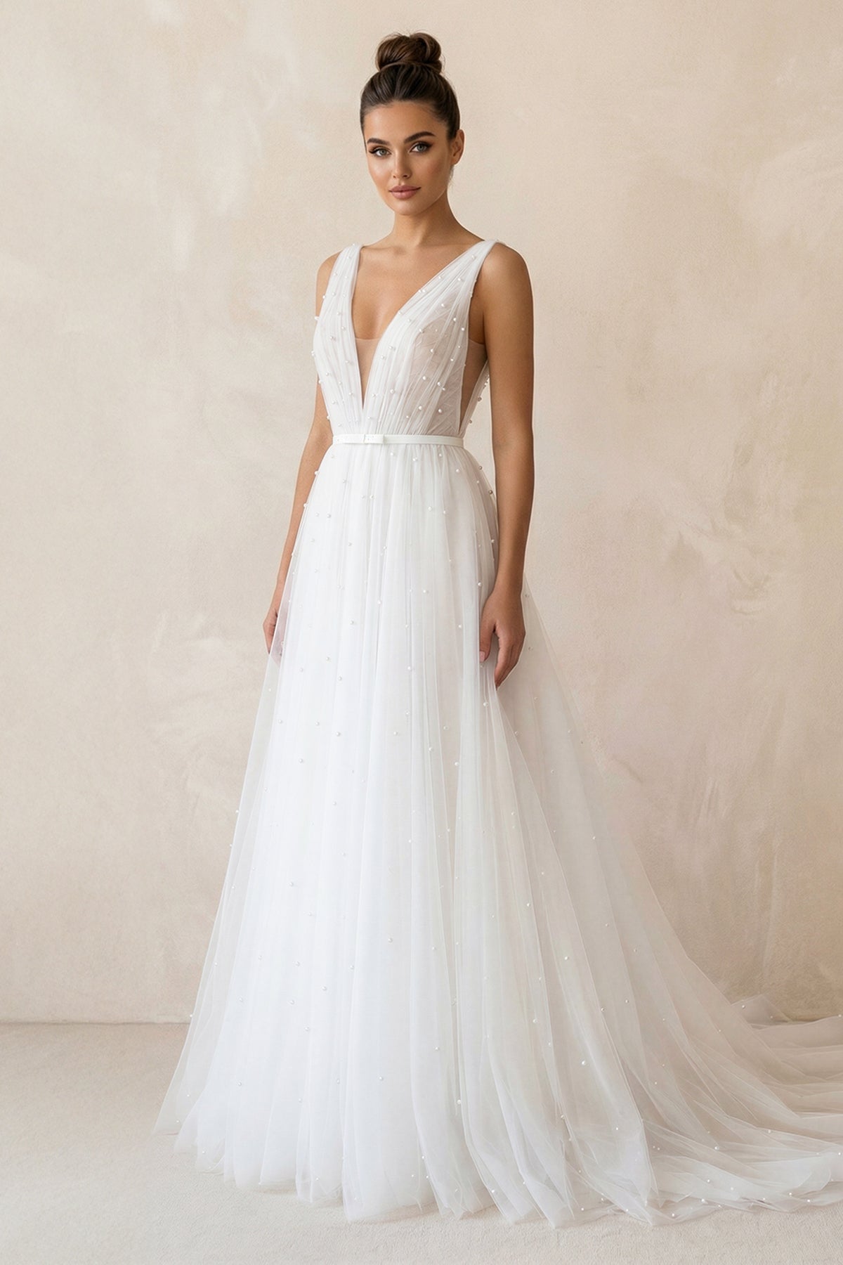 A Line V-Neck Tulle Wedding Dress in White
