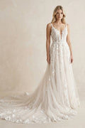 A Line V Neck Tulle Wedding Dresses with Appliques in White