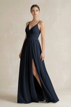 A-Line Spaghetti Strap Chiffon Bridesmaid Dress in Dark Navy