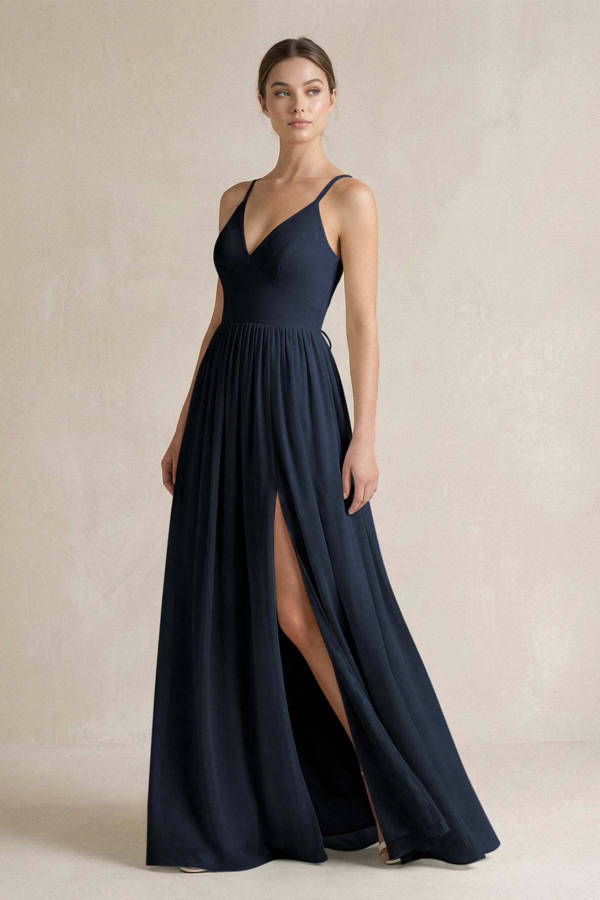 A-Line Spaghetti Strap Chiffon Bridesmaid Dress in Dark Navy