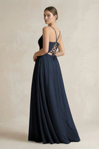 A-Line Spaghetti Strap Chiffon Bridesmaid Dress in Dark Navy