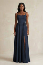 A-Line Spaghetti Straps Chiffon Bridesmaid Dress in Dark Navy