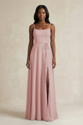 A-Line Spaghetti Straps Chiffon Bridesmaid Dress in Dusty Rose
