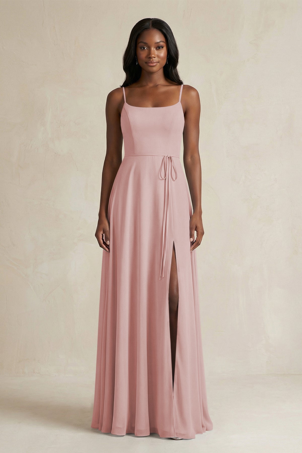 A-Line Spaghetti Straps Chiffon Bridesmaid Dress in Dusty Rose