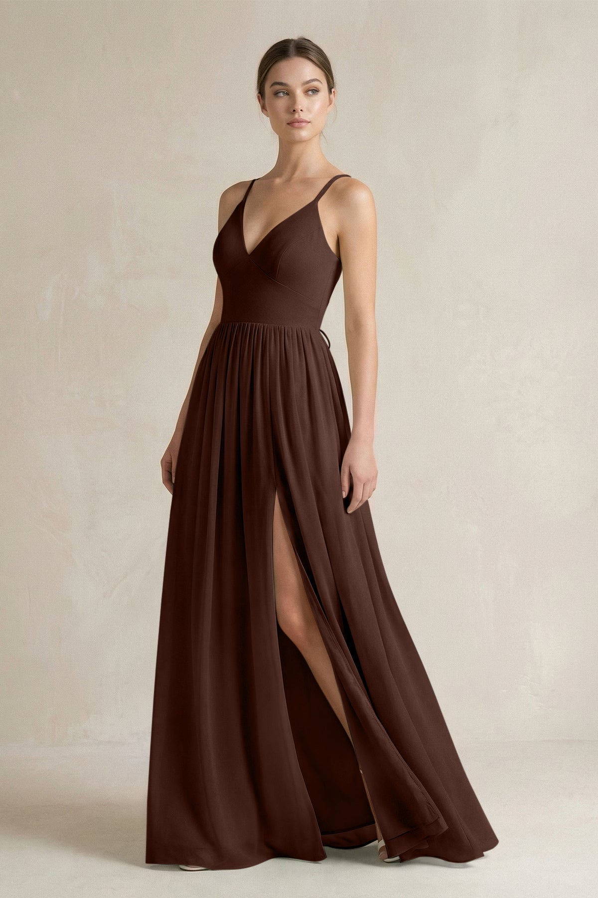 A-Line Spaghetti Strap Chiffon Bridesmaid Dress in Espresso