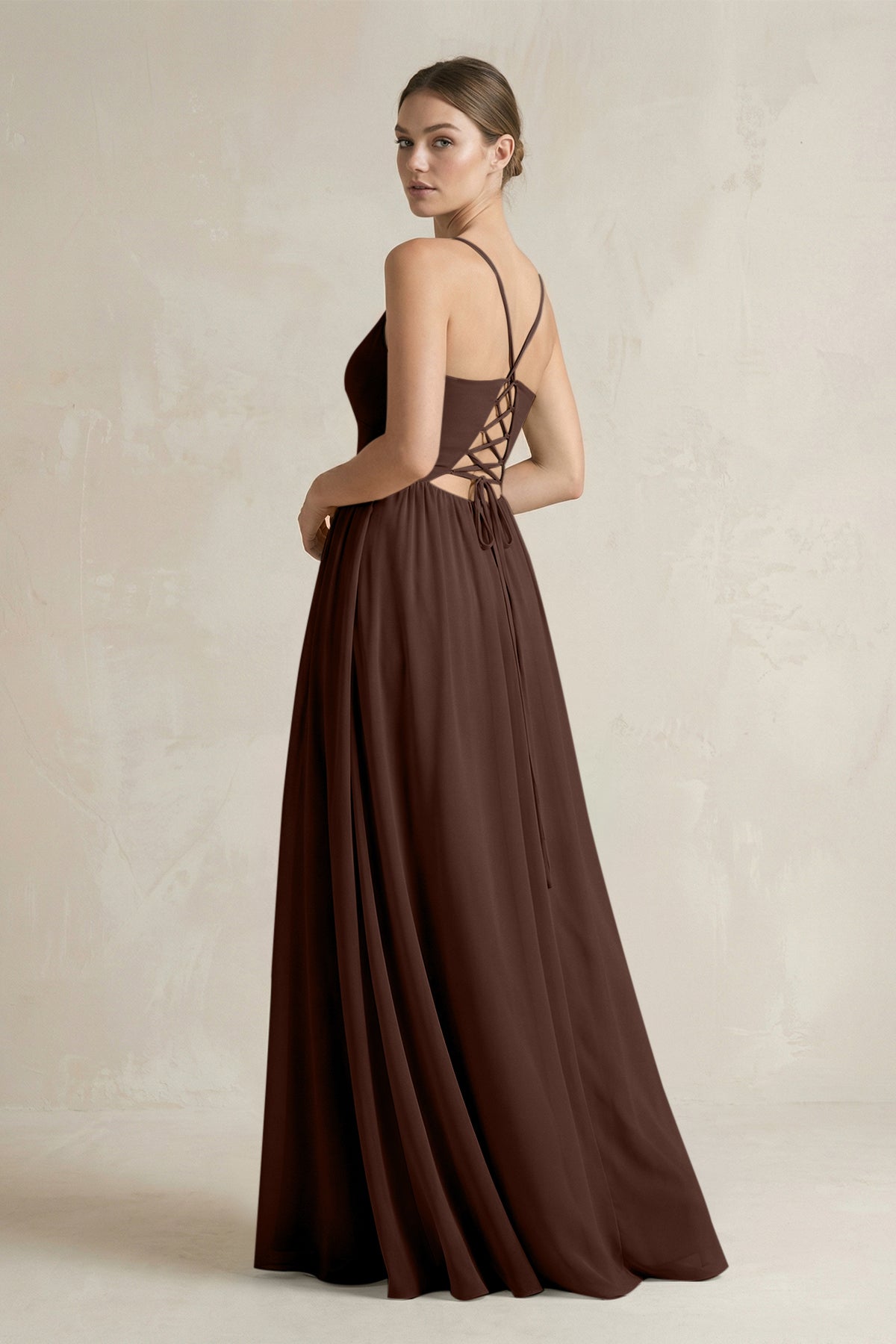 A-Line Spaghetti Strap Chiffon Bridesmaid Dress in Espresso