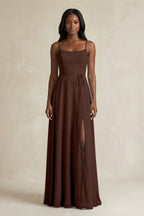 A-Line Spaghetti Straps Chiffon Bridesmaid Dress in Espresso