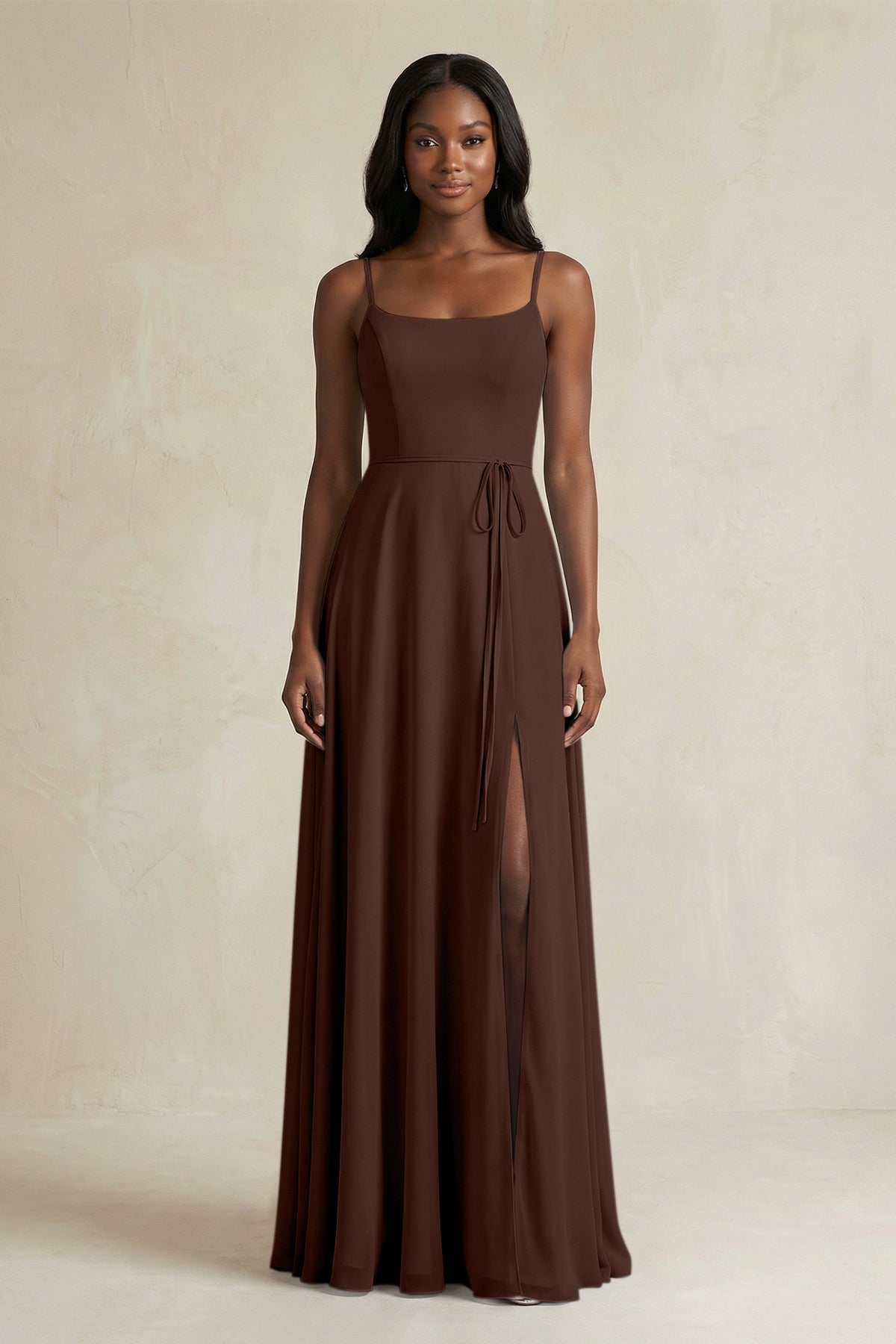 A-Line Spaghetti Straps Chiffon Bridesmaid Dress in Espresso