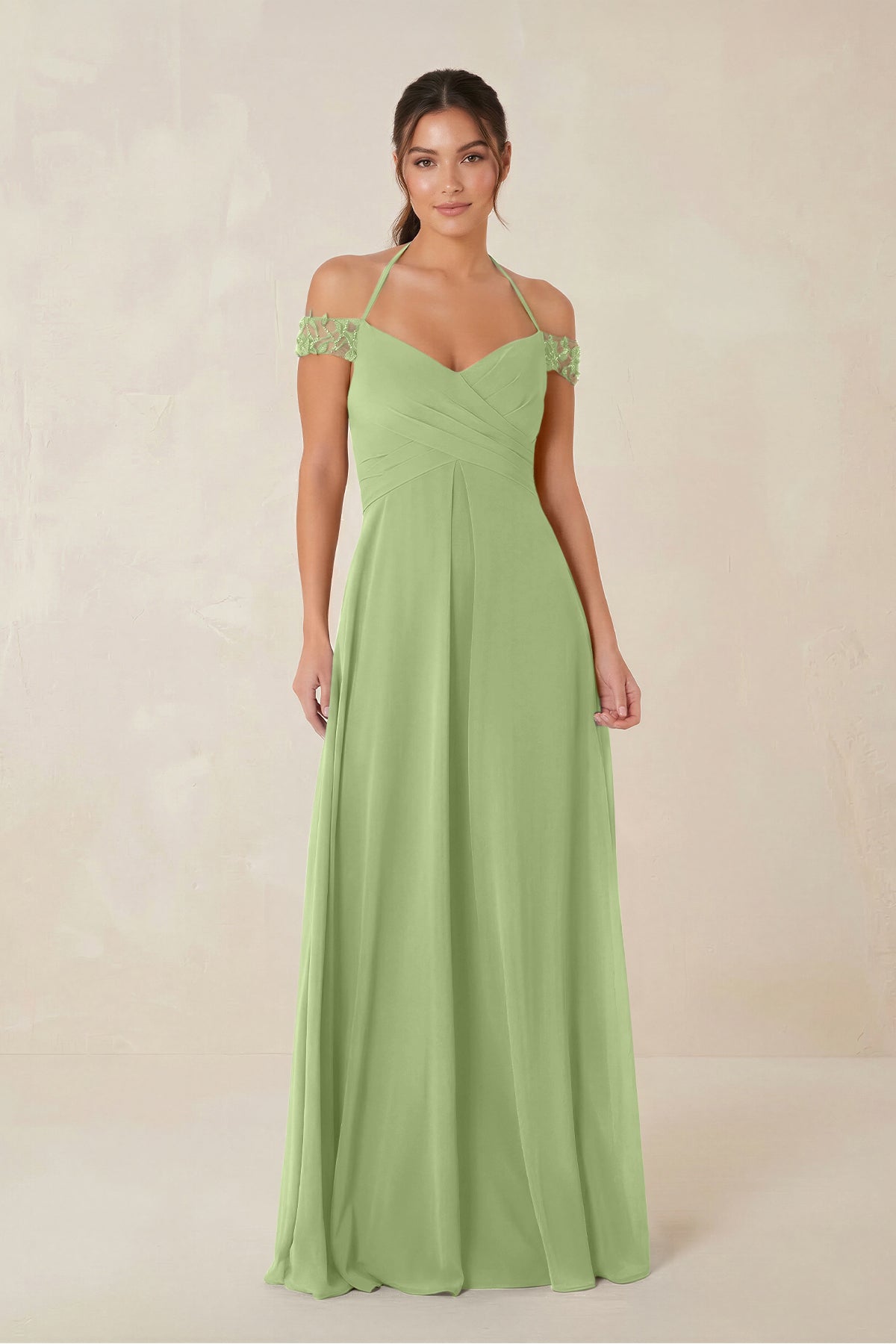 A-Line Off-the-Shoulder Chiffon Bridesmaid Dress in Matcha