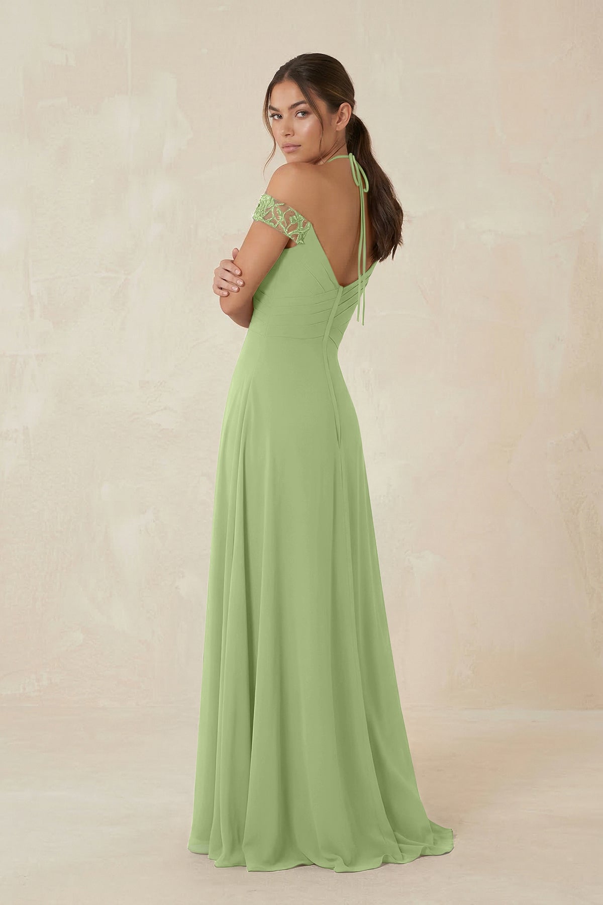 A-Line Off-the-Shoulder Chiffon Bridesmaid Dress in Matcha