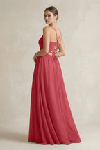 A-Line Spaghetti Strap Chiffon Bridesmaid Dress in Merlot