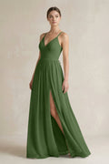 A-Line Spaghetti Strap Chiffon Bridesmaid Dress in Moss