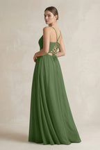 A-Line Spaghetti Strap Chiffon Bridesmaid Dress in Moss