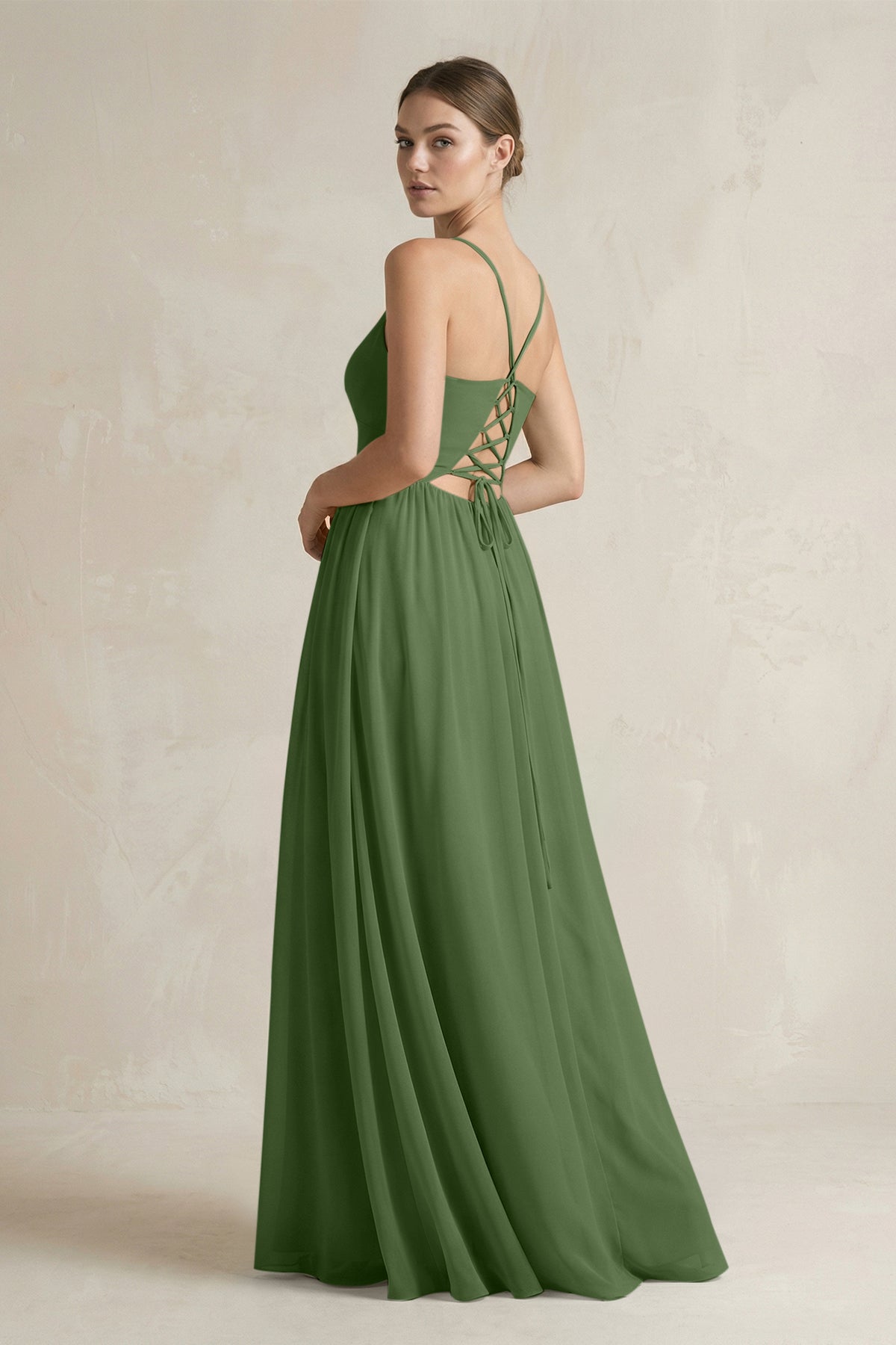 A-Line Spaghetti Strap Chiffon Bridesmaid Dress in Moss
