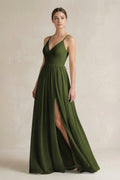A-Line Spaghetti Strap Chiffon Bridesmaid Dress in Olive