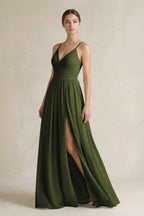 A-Line Spaghetti Strap Chiffon Bridesmaid Dress in Olive