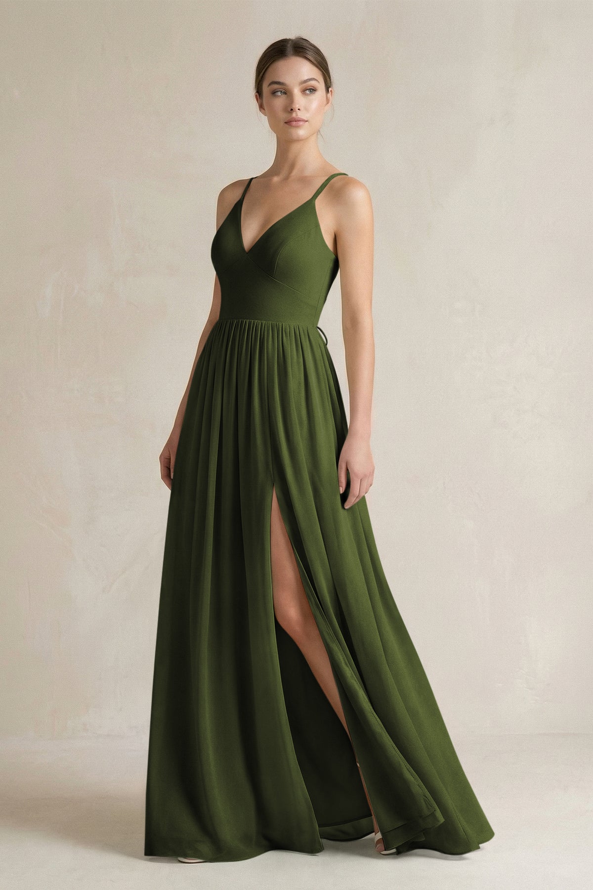 A-Line Spaghetti Strap Chiffon Bridesmaid Dress in Olive