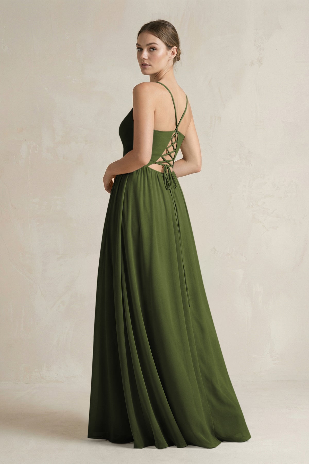 A-Line Spaghetti Strap Chiffon Bridesmaid Dress in Olive