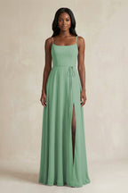 A-Line Spaghetti Straps Chiffon Bridesmaid Dress in Sea Glass