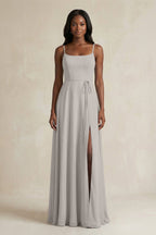 A-Line Spaghetti Straps Chiffon Bridesmaid Dress in Silver