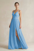 A-Line Spaghetti Strap Chiffon Bridesmaid Dress in Steel Blue