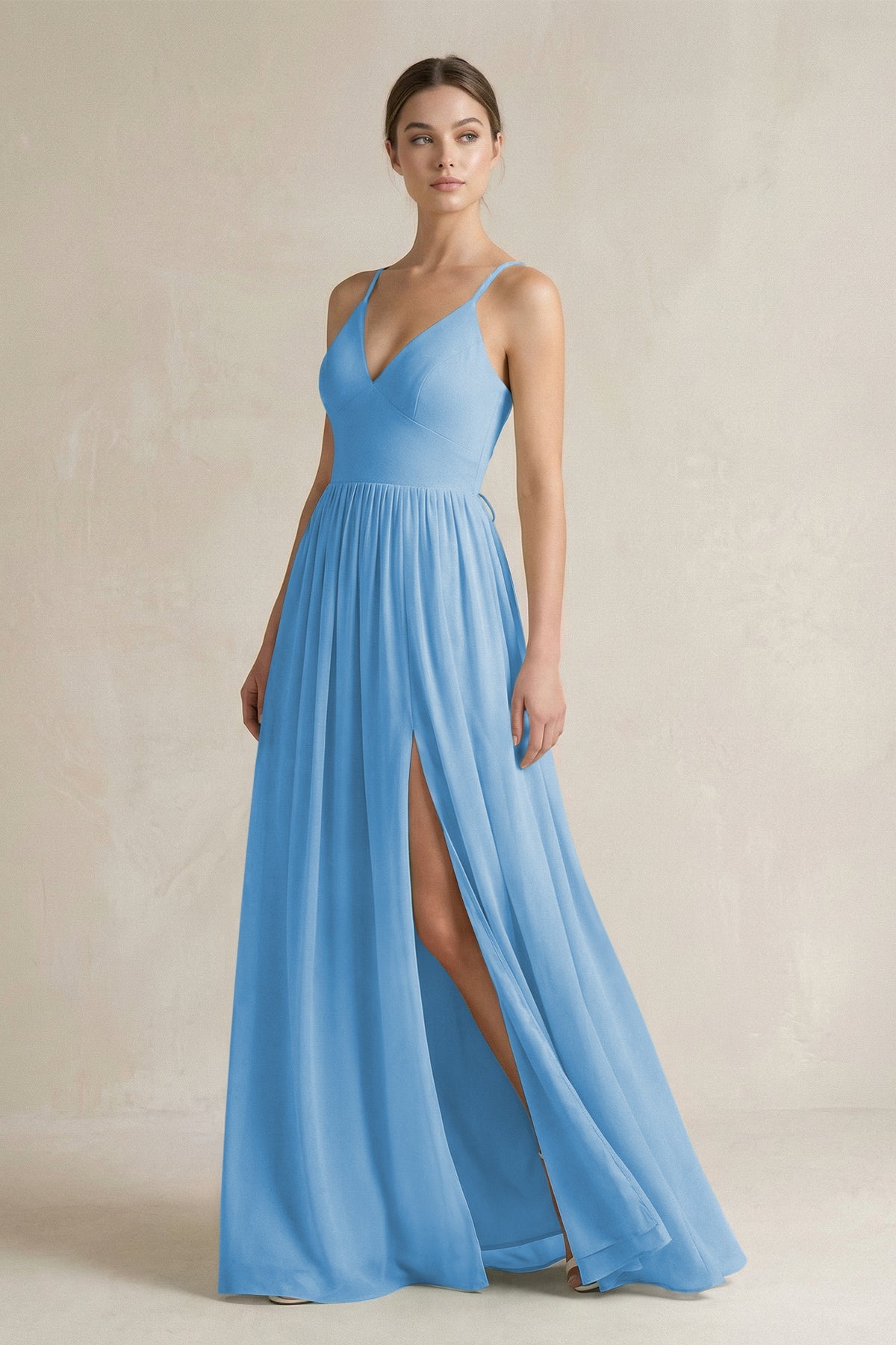 A-Line Spaghetti Strap Chiffon Bridesmaid Dress in Steel Blue