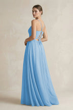 A-Line Spaghetti Strap Chiffon Bridesmaid Dress in Steel Blue