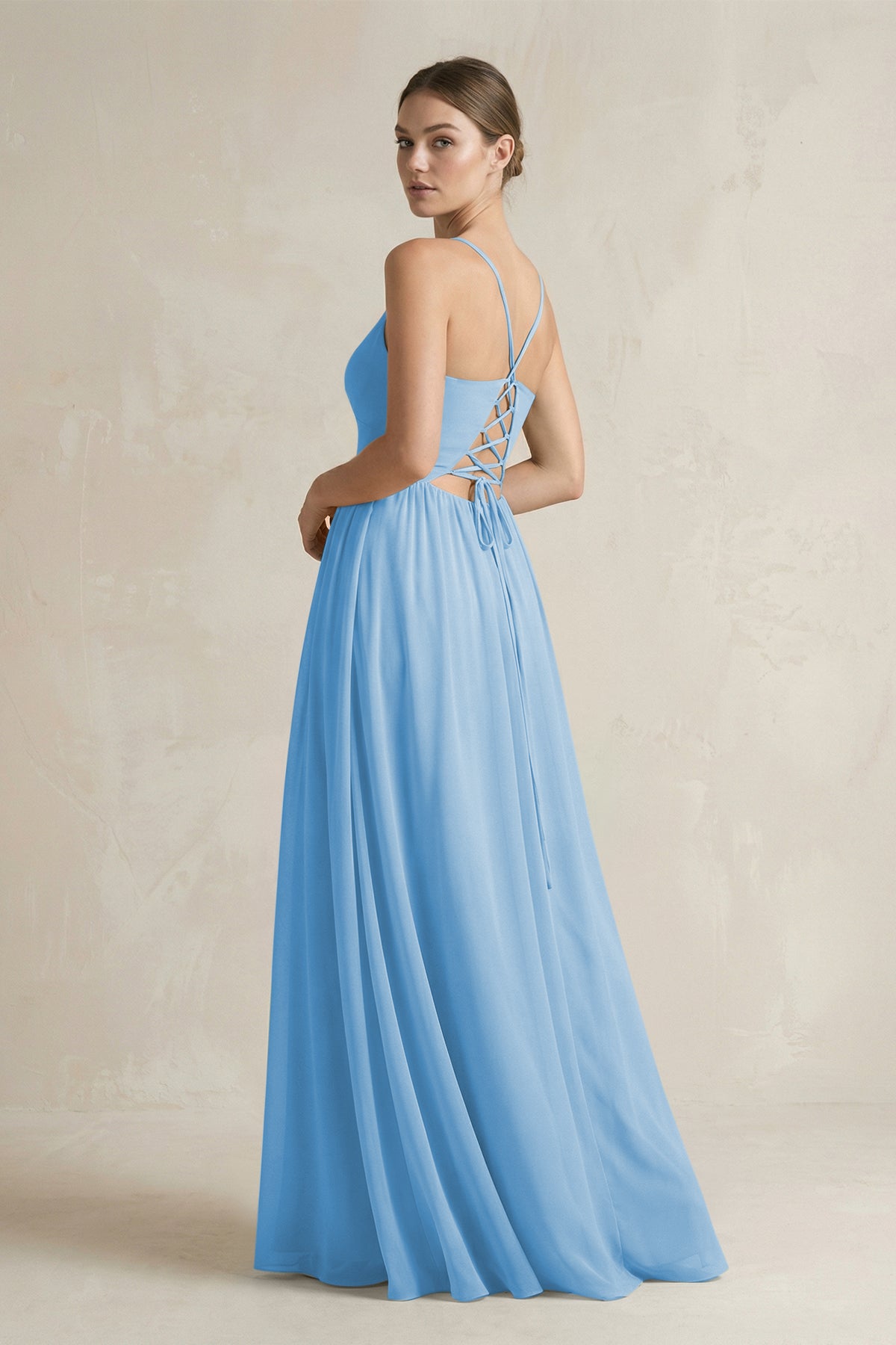 A-Line Spaghetti Strap Chiffon Bridesmaid Dress in Steel Blue